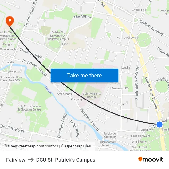 Fairview to DCU St. Patrick's Campus map