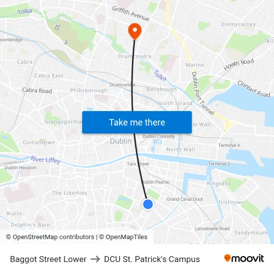 Baggot Street Lower to DCU St. Patrick's Campus map