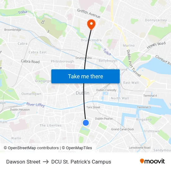 Dawson Street to DCU St. Patrick's Campus map