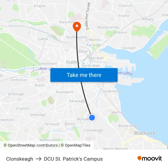 Clonskeagh to DCU St. Patrick's Campus map