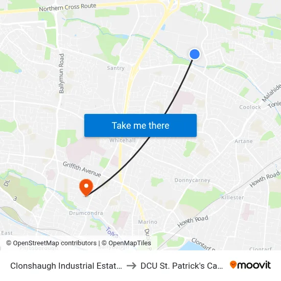 Clonshaugh Industrial Estate East to DCU St. Patrick's Campus map