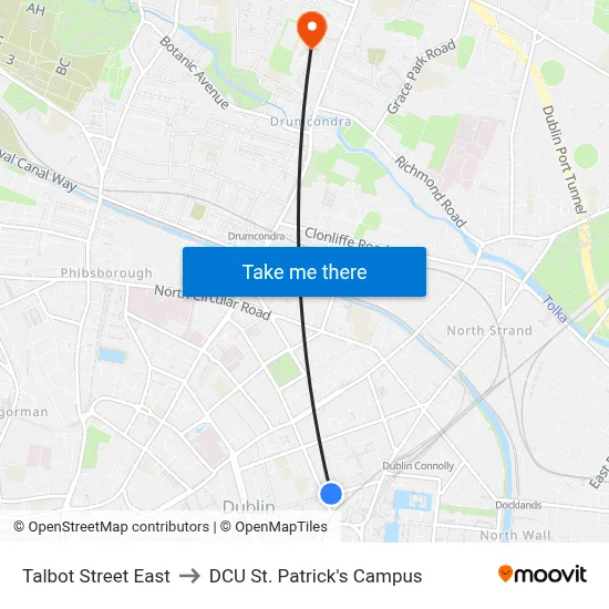 Talbot Street East to DCU St. Patrick's Campus map