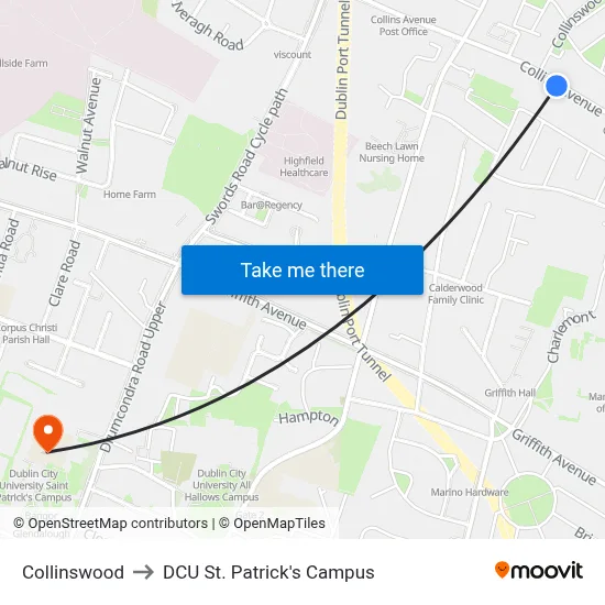 Collinswood to DCU St. Patrick's Campus map