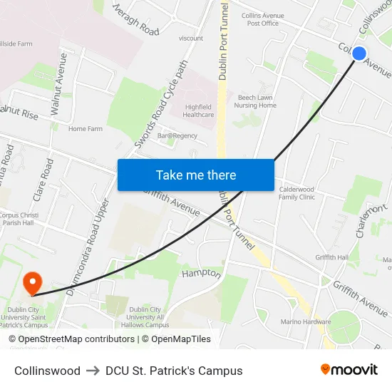 Collinswood to DCU St. Patrick's Campus map