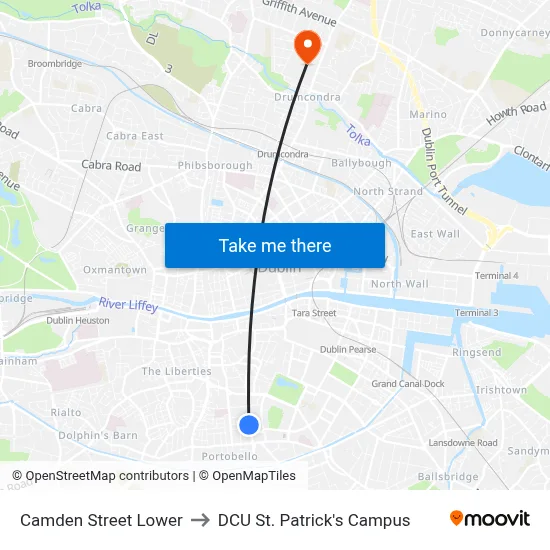 Camden Street Lower to DCU St. Patrick's Campus map