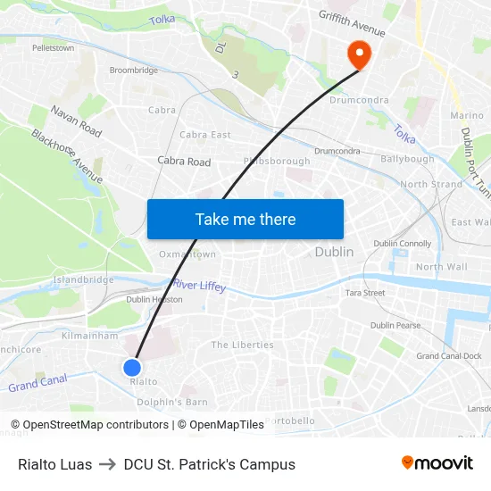 Rialto Luas to DCU St. Patrick's Campus map