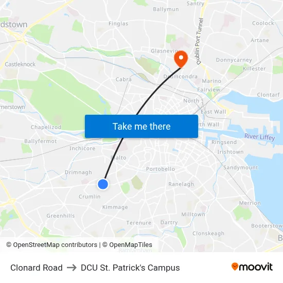 Clonard Road to DCU St. Patrick's Campus map