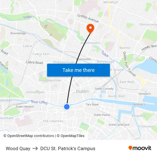 Wood Quay to DCU St. Patrick's Campus map