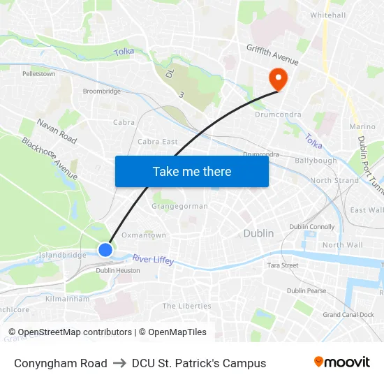 Conyngham Road to DCU St. Patrick's Campus map