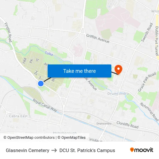 Glasnevin Cemetery to DCU St. Patrick's Campus map