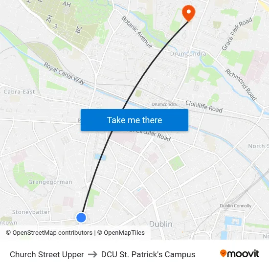 Church Street Upper to DCU St. Patrick's Campus map