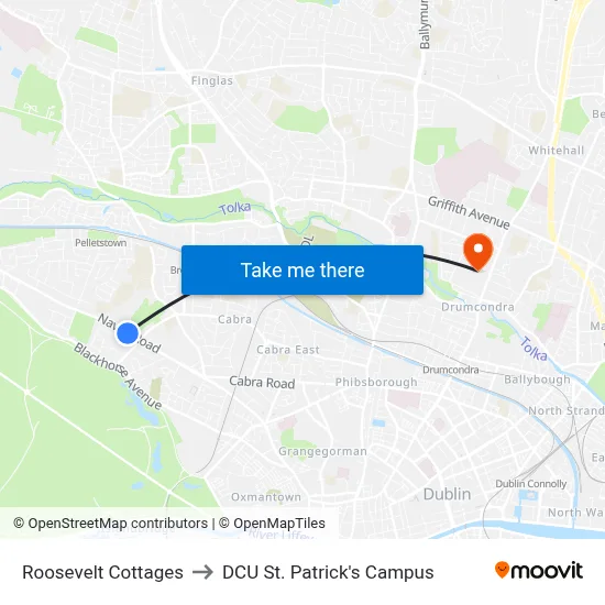 Roosevelt Cottages to DCU St. Patrick's Campus map