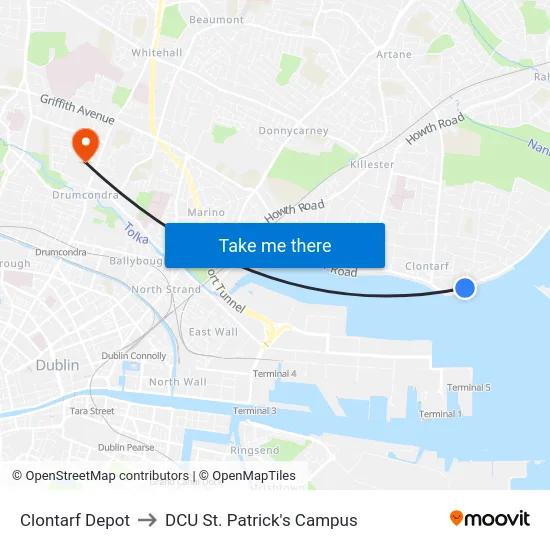 Clontarf Depot to DCU St. Patrick's Campus map