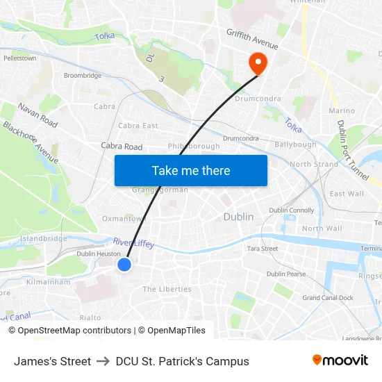 James's Street to DCU St. Patrick's Campus map