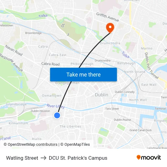 Watling Street to DCU St. Patrick's Campus map