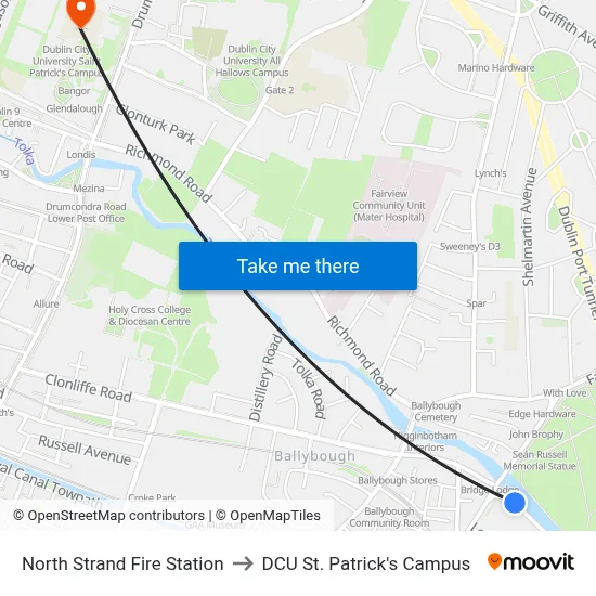 North Strand Fire Station to DCU St. Patrick's Campus map