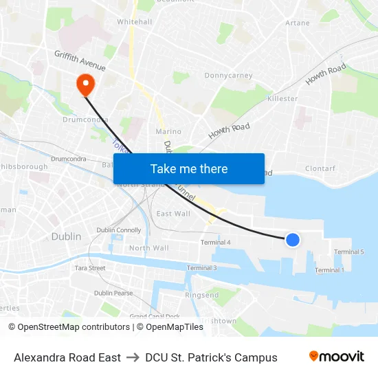 Alexandra Road East to DCU St. Patrick's Campus map
