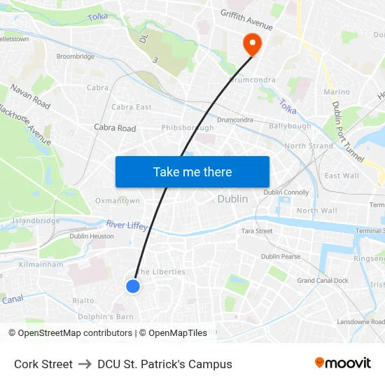 Cork Street to DCU St. Patrick's Campus map