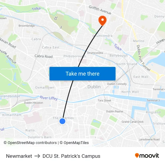 Newmarket to DCU St. Patrick's Campus map
