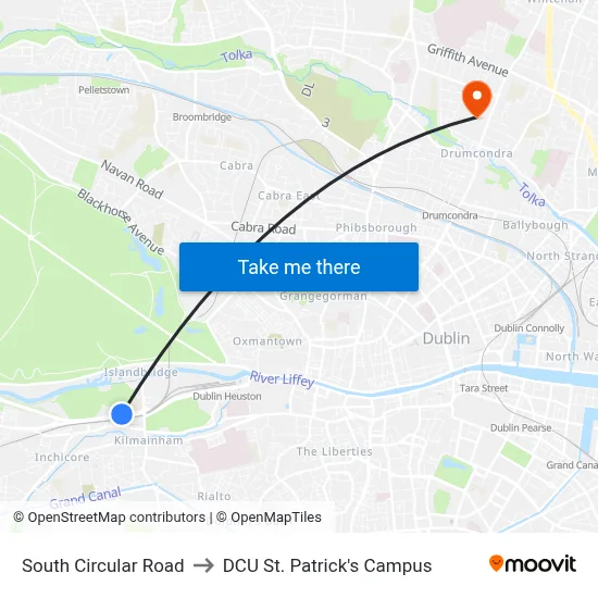 South Circular Road to DCU St. Patrick's Campus map