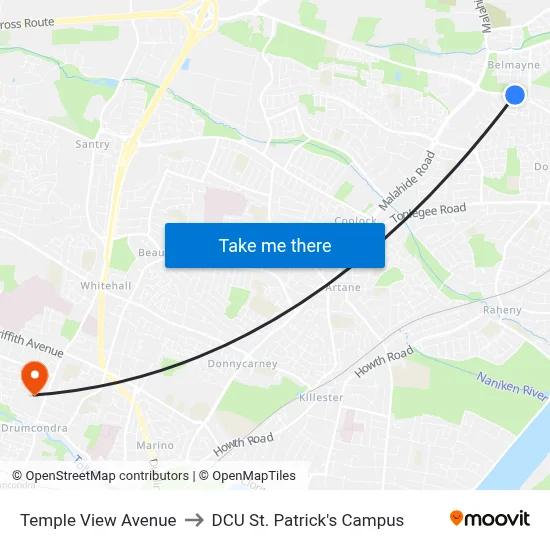 Temple View Avenue to DCU St. Patrick's Campus map