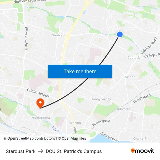 Stardust Park to DCU St. Patrick's Campus map