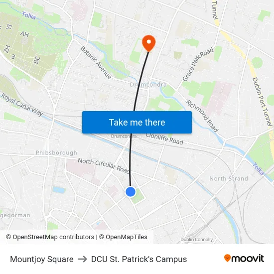 Mountjoy Square to DCU St. Patrick's Campus map