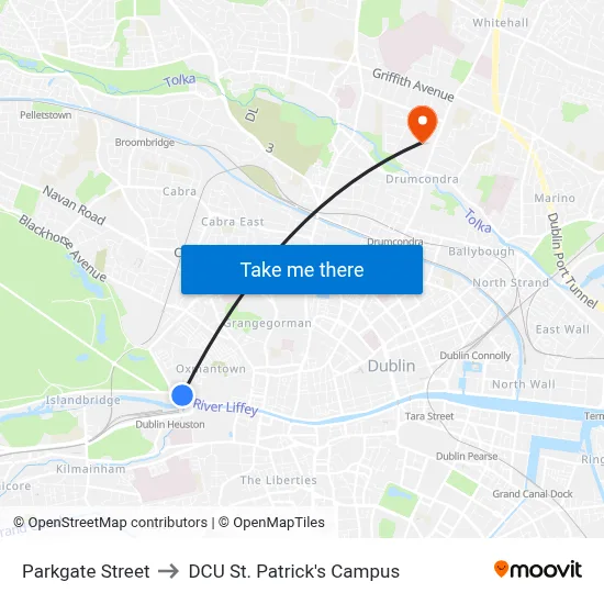 Parkgate Street to DCU St. Patrick's Campus map
