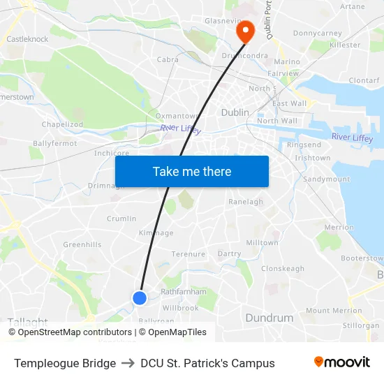 Templeogue Bridge to DCU St. Patrick's Campus map