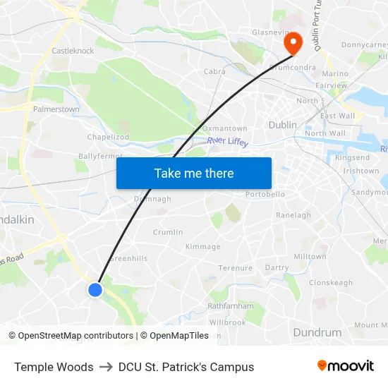 Temple Woods to DCU St. Patrick's Campus map