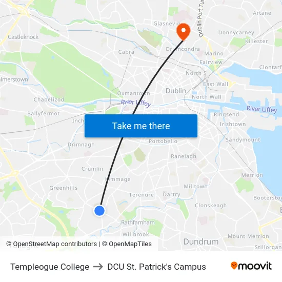 Templeogue College to DCU St. Patrick's Campus map
