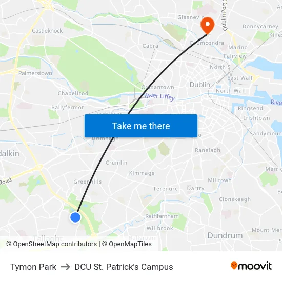 Tymon Park to DCU St. Patrick's Campus map