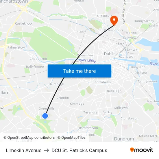 Limekiln Avenue to DCU St. Patrick's Campus map