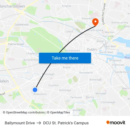 Ballymount Drive to DCU St. Patrick's Campus map