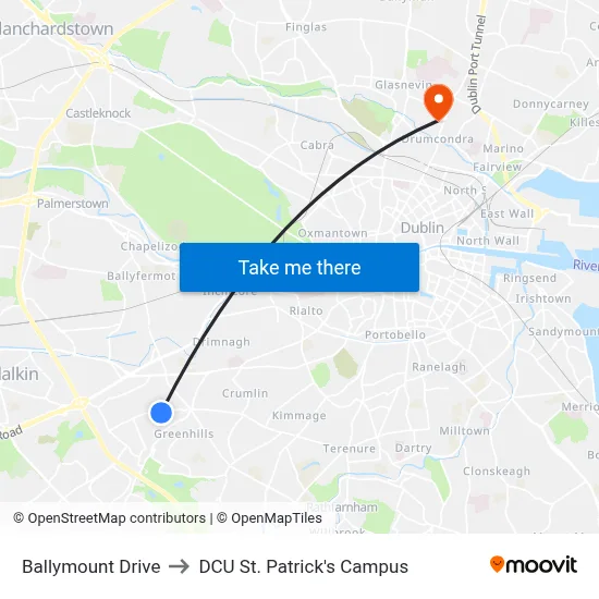 Ballymount Drive to DCU St. Patrick's Campus map