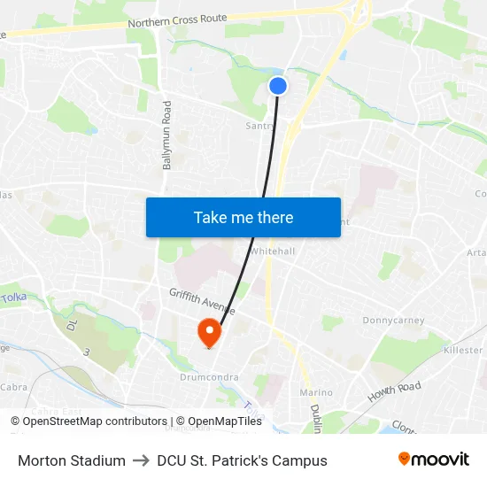 Morton Stadium to DCU St. Patrick's Campus map