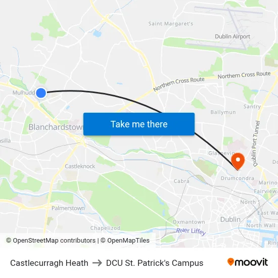 Castlecurragh Heath to DCU St. Patrick's Campus map