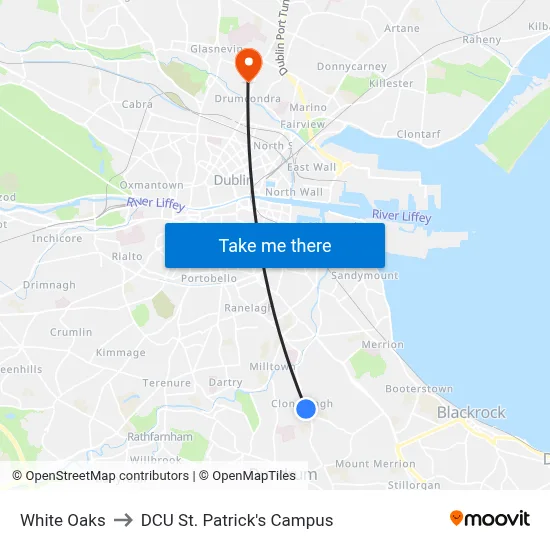 White Oaks to DCU St. Patrick's Campus map