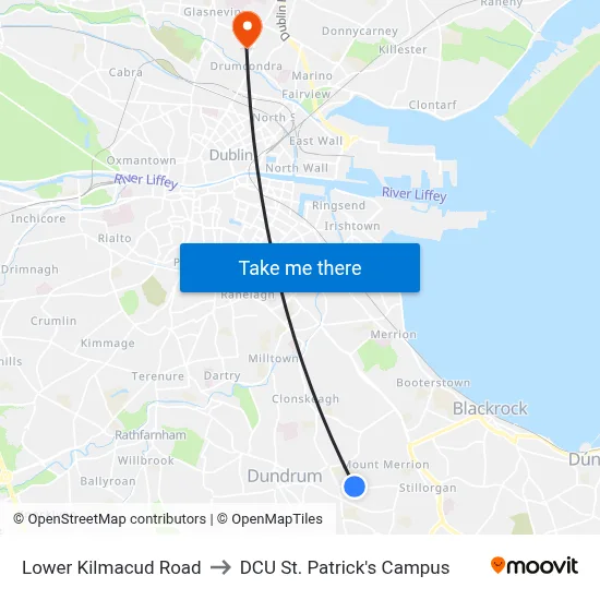 Lower Kilmacud Road to DCU St. Patrick's Campus map