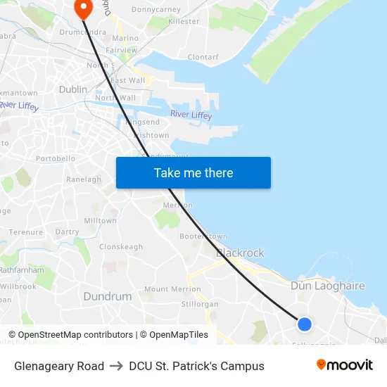 Glenageary Road to DCU St. Patrick's Campus map