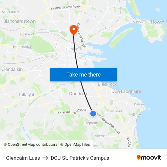 Glencairn Luas to DCU St. Patrick's Campus map