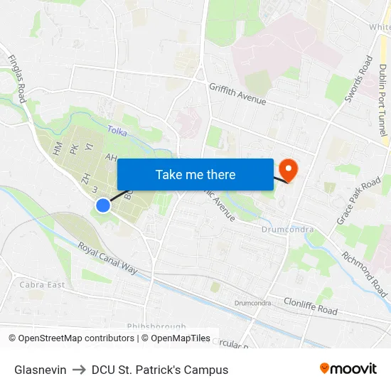 Glasnevin to DCU St. Patrick's Campus map
