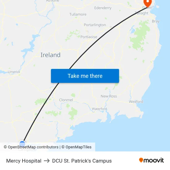 Mercy Hospital to DCU St. Patrick's Campus map