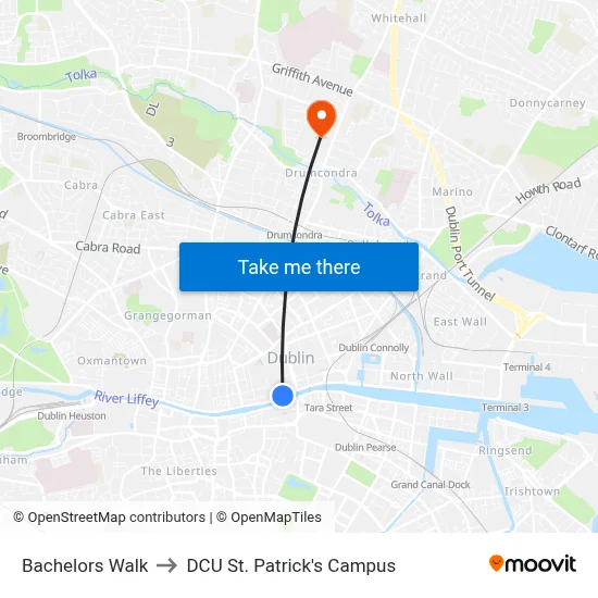 Bachelors Walk to DCU St. Patrick's Campus map