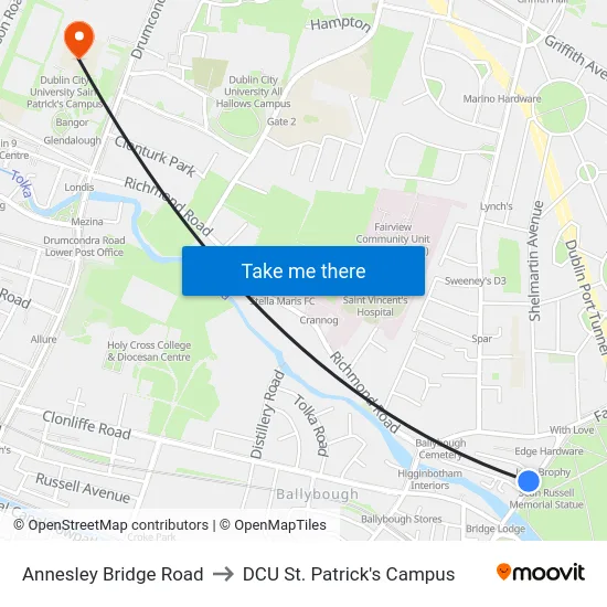 Annesley Bridge Road to DCU St. Patrick's Campus map