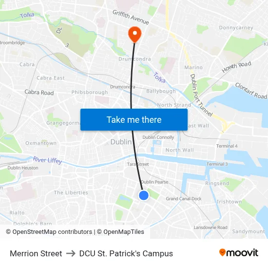 Merrion Street to DCU St. Patrick's Campus map