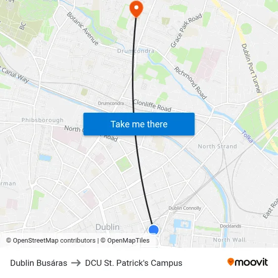 Dublin Busáras to DCU St. Patrick's Campus map