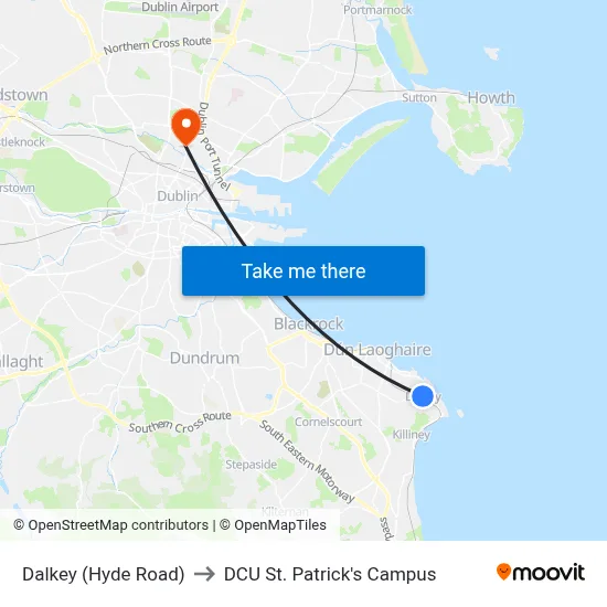 Dalkey (Hyde Road) to DCU St. Patrick's Campus map