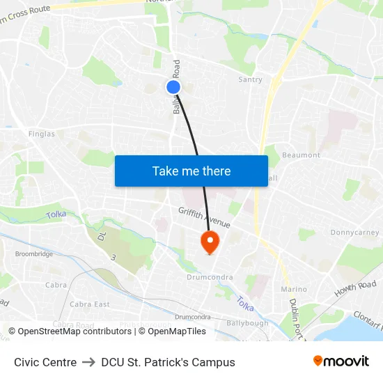 Civic Centre to DCU St. Patrick's Campus map