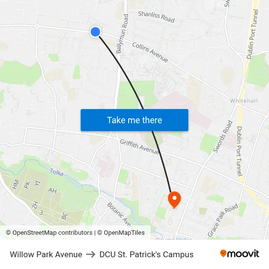 Willow Park Avenue to DCU St. Patrick's Campus map